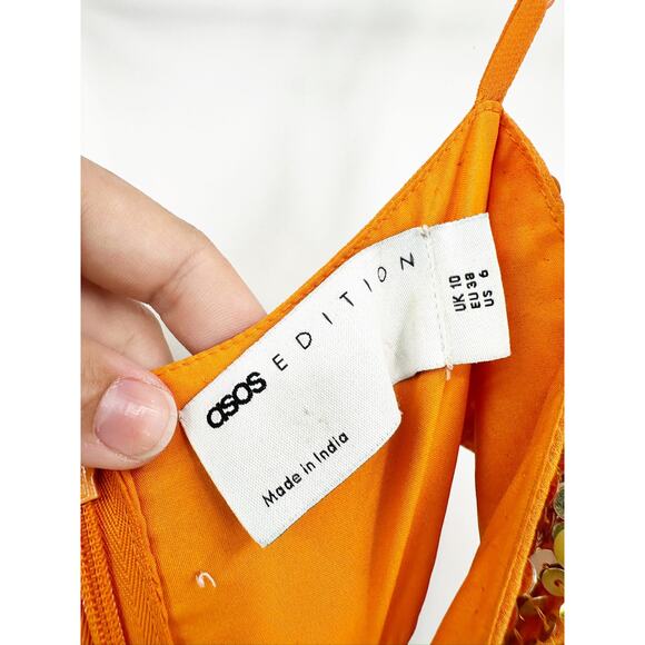 ASOS Edition Knot Front Sequin Cami Midi Dress with Cut Outs in Orange Size 6 - Picture 4 of 5